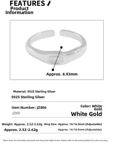 Detail view of S925 sterling silver adjustable wave ring with size and material specs