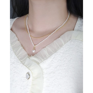 Elegant 925 sterling silver double-layer necklace with delicate white pearl pendant for women