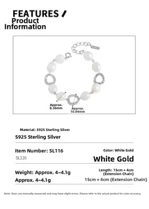 Detailed specs of S925 silver bracelet featuring a white Baroque pearl and metal rings