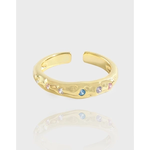 Bague Ouverte en Argent Sterling 925 pour Femme Design Niche Texture Martelée Micro Incrustée Zirconia Colorée Bijoux