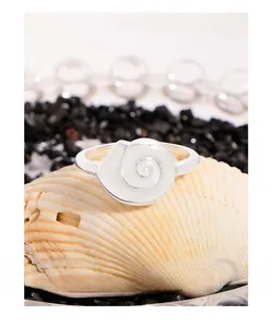 Detailed view of S925 silver conch shell ring on natural seashell with spiral texture