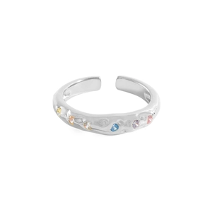Bague ouverte en argent S925 texturé avec pierres de zircon colorées et fini martelé