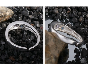 Macro detail of S925 sterling silver ring showing hidden zircons and material hallmark