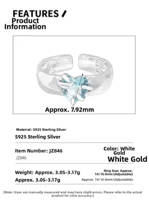S925 sterling silver ring detail with 7.92mm heart-shaped sea blue zircon stone