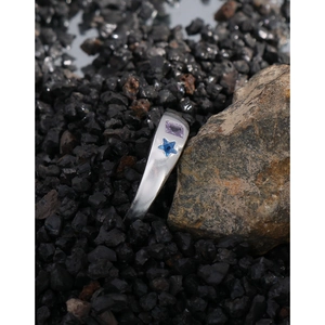 Silver micro-set ring with rectangular purple and blue star-shaped zircon gemstones