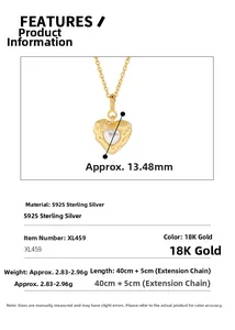 Detail of 18K gold S925 silver heart necklace with pearl inlay and size dimensions