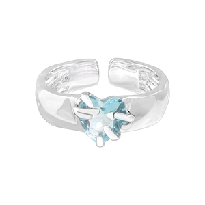 Irregular textured S925 silver ring featuring a heart-shaped light blue zircon gemstone