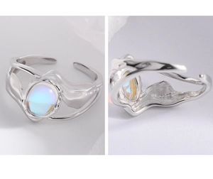 Detail of S925 hallmark on wrinkled silver texture ring with moonstone gemstone