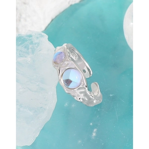 S925 sterling silver moonstone ring with irregular wavy texture and open band