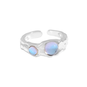 S925 sterling silver open ring with textured band and two iridescent moonstones