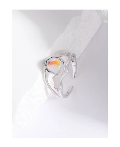 Macro shot of S925 silver ring featuring moonstone with liquid metal texture finish