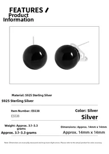 Detailed size specifications and material info for 14mm black agate ball stud earrings