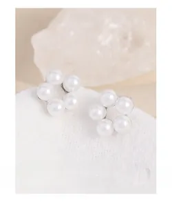 Macro view of S925 silver stud earrings with five pearls in a floral wreath design