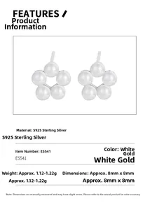 Detailed spec sheet showing S925 sterling silver floral pearl stud earrings 8mm size