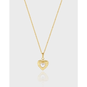 Vintage S925 Sterling Silver Heart Artificial Pearl Pendant Necklace 18K Gold Plated Hammered Texture O-Chain For Women Jewelry