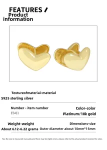 Specifications of S925 sterling silver gold heart stud earrings, 10mm by 15mm size