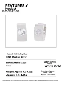 Macro detail of S925 sterling silver heart zircon earrings with dimensions and weight specs