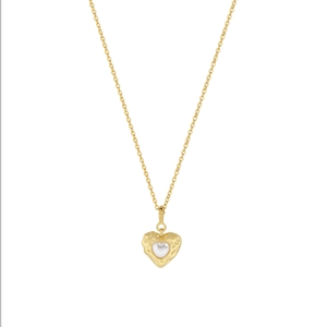 Textured gold heart pendant necklace with center pearl on elegant fine chain