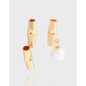 Asymmetric Bamboo Stud Earrings With Artificial Pearl And 925 Sterling Silver Earring Post Gold Plated Geometric Jewelry For Women