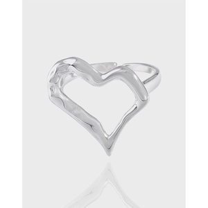 925 Sterling Silver Irregular Heart Open Ring For Women Minimalist Liquid Metal Style Wrinkled Adjustable Finger Ring Jewelry