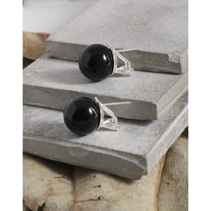 S925 sterling silver stud earrings featuring black onyx round beads on minimalist stone slabs