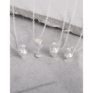 S925 sterling silver necklaces featuring miniature silver bottle and goblet pendants