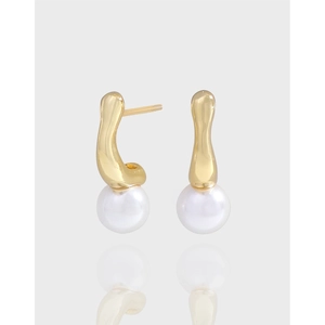 Irregular Geometric Artificial Pearl Earrings Minimalist Liquid Metal Drop With 925 Sterling Silver Earring Post For Women