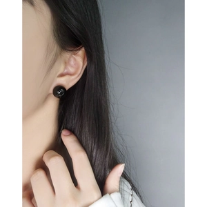 Minimalist S925 silver stud earrings with polished black onyx spheres for women