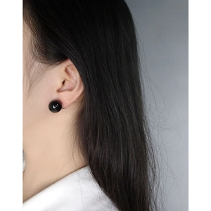 Elegant S925 silver stud earrings with large polished black agate round bead for women