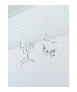 Close-up of silver butterfly earrings with a unique textured lava surface and mirror reflection