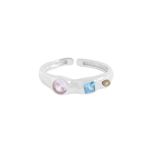 S925 sterling silver open ring with textured lava design and colorful zircon stones