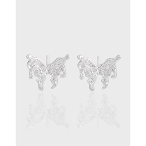 925 Sterling Silver Butterfly Stud Earrings For Women Minimalist Liquid Metal Texture Shiny Silver Small Piercing Jewelry