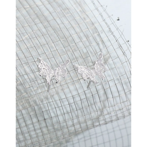 Polished S925 silver butterfly stud earrings with liquid lava texture on metal mesh