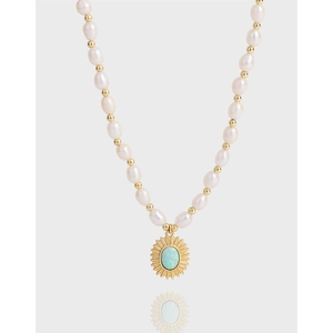 Collier en Argent Sterling 925 avec Perles d'Eau Douce pour Femmes Pendentif Opale Solaire Plaqué Or Bijoux de Mode Vintage