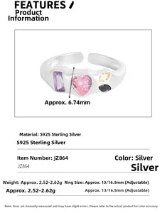 S925 sterling silver adjustable ring with colorful heart and marquise cut zircon details