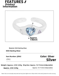 Spécifications de la bague en argent S925 avec taille de gemme cœur et détail ajustable