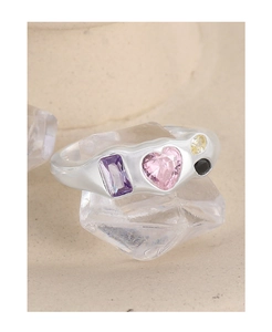 Detail of S925 silver open ring with colorful heart and square zircon insets