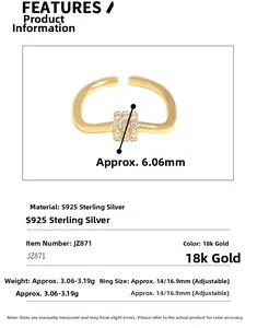 Detailed specs of S925 sterling silver 18K gold ring with dimensions and zircon inlay