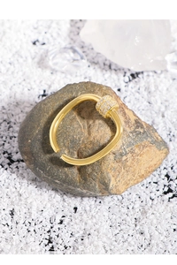 Detail of gold-plated geometric ring featuring three rows of pave zircon cylinders