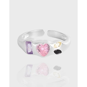 925 Sterling Silver Open Ring For Women Colorful Zirconia Inlaid Irregular Wave Adjustable Minimalist Fashion Ring Jewelry
