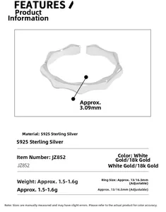Detailed size specifications and bamboo texture of the adjustable S925 silver ring