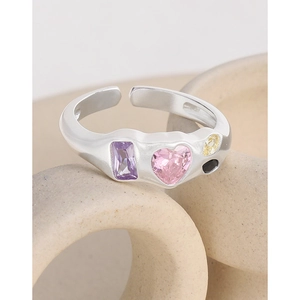 S925 sterling silver open ring featuring colorful zircon stones in a minimalist design