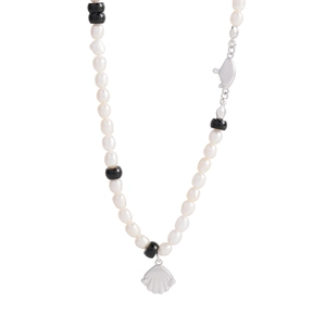 Élégant collier en argent S925 avec perles blanches naturelles et pendentif coquillage