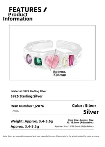Macro detail of S925 sterling silver ring with colorful heart and square zircons