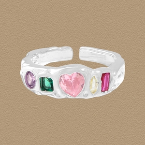 925 Sterling Silver Multi Color Zirconia Adjustable Ring For Women Vintage Lava Texture Heart Shape Personality Jewelry Gift