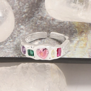 S925 sterling silver adjustable ring with wrinkled texture and colorful zircon stones