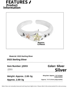 Macro detail of S925 sterling silver ring with yellow zircon star and sizing dimensions