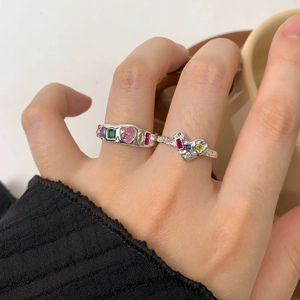 S925 silver rings set with colorful zircons in heart and rectangular cuts on model hand