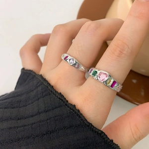 S925 sterling silver rings with colorful zircon and pink heart stone on a hand