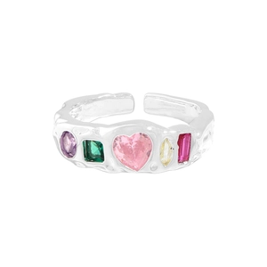 S925 sterling silver adjustable ring with colorful heart-shaped zirconia and hammered texture
